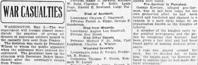 Sundvall's death as announced on nationally published casualty lists in May 1918