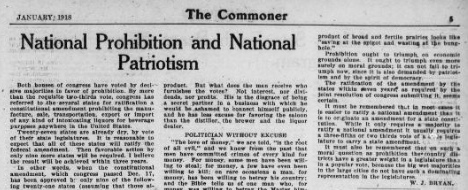 William Jennings Bryan linking patriotism and prohibition in a New Year's 1918 editorial