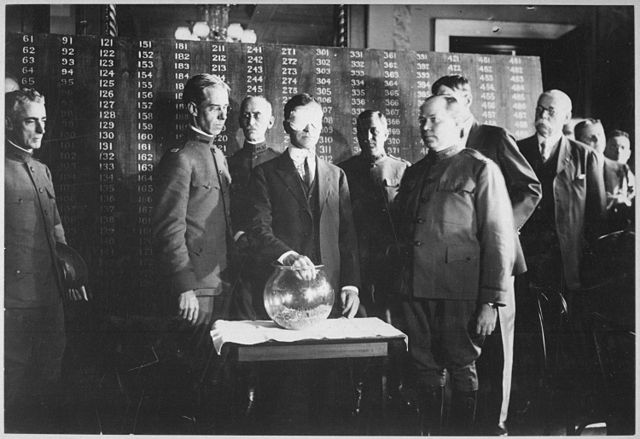 Newton Baker drawing the first number in the July 1917 draft lottery