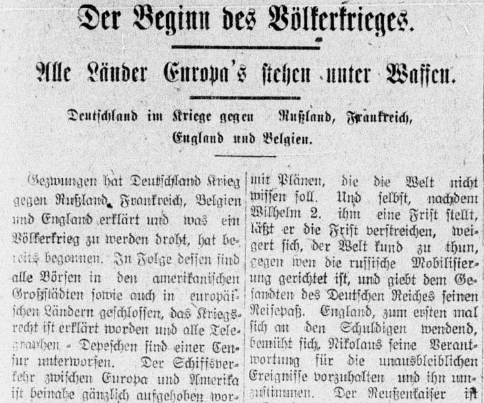 Headline of 8/7/1914 edition of the Hermanner Volksblatt: "The beginning of international war"